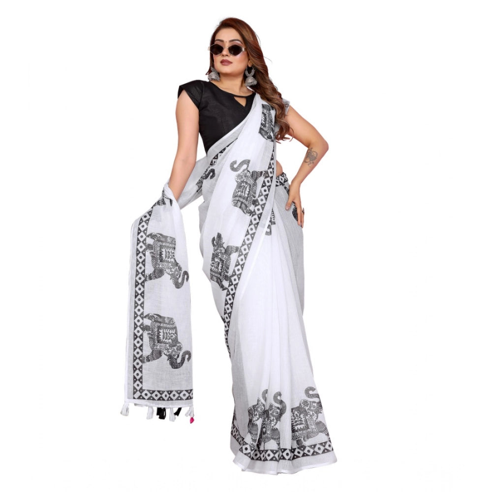 Women's Linen Cotton Printed Saree — White · 1925