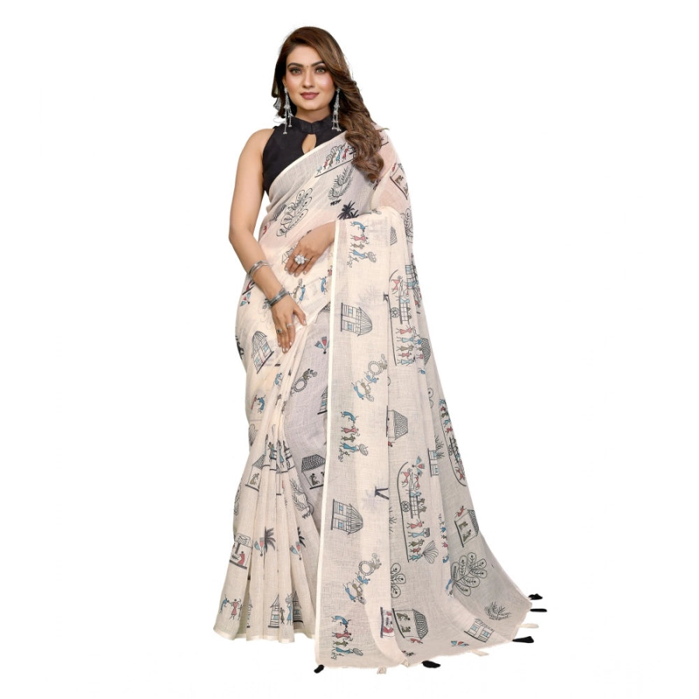 Women's Linen Cotton Printed Saree — Off White · 1927
