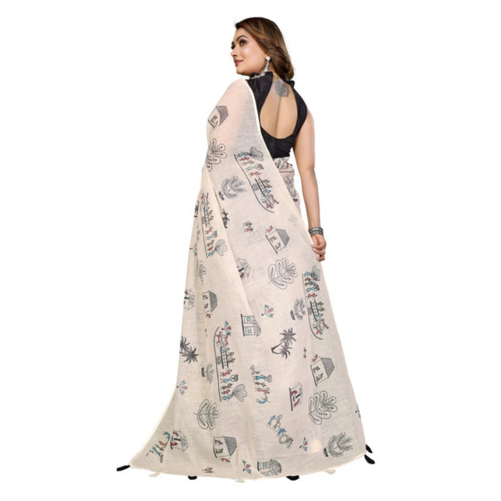Women's Linen Cotton Printed Saree — Off White · 1927