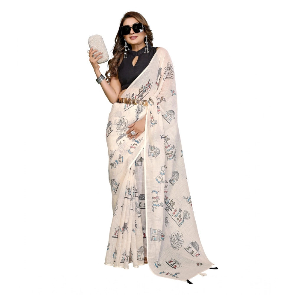 Women's Linen Cotton Printed Saree — Off White · 1927