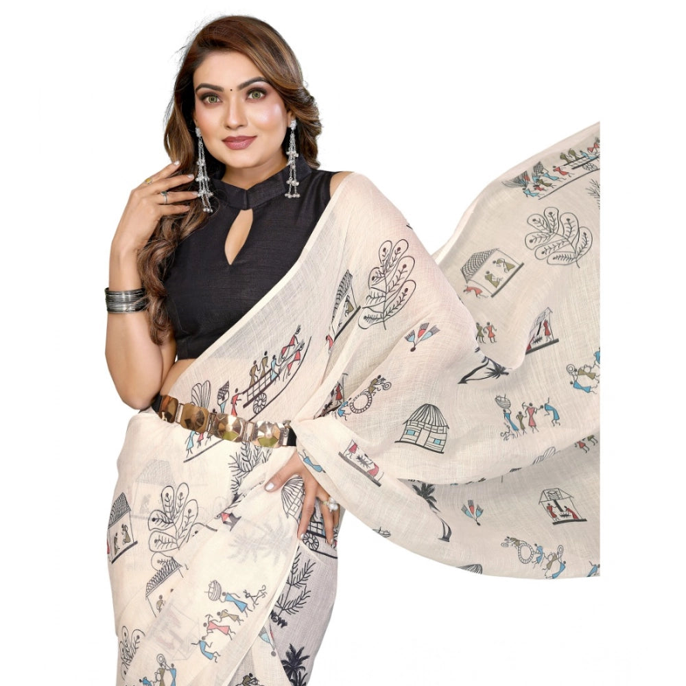 Women's Linen Cotton Printed Saree — Off White · 1927