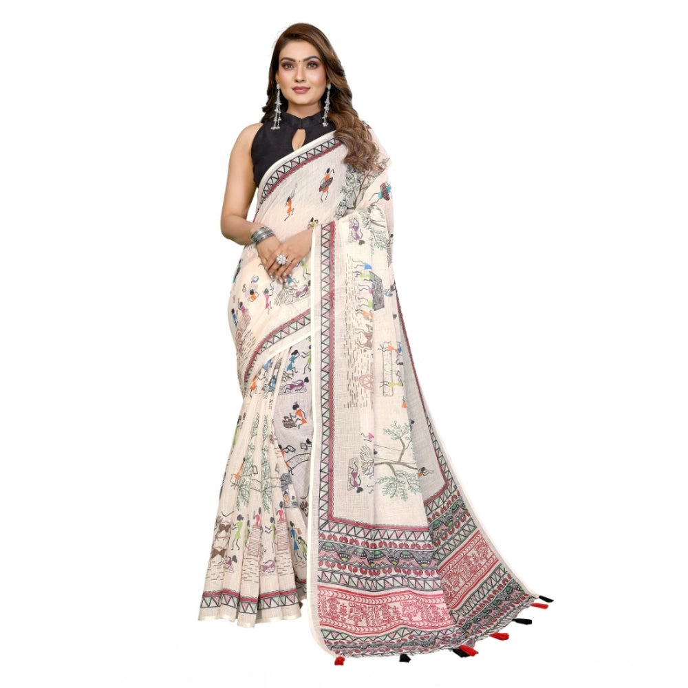 Women's Linen Cotton Printed Saree — Off White · 1928