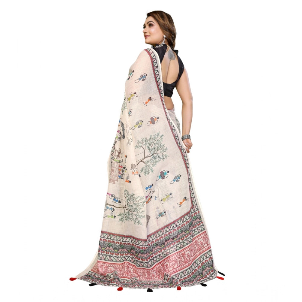Women's Linen Cotton Printed Saree — Off White · 1928