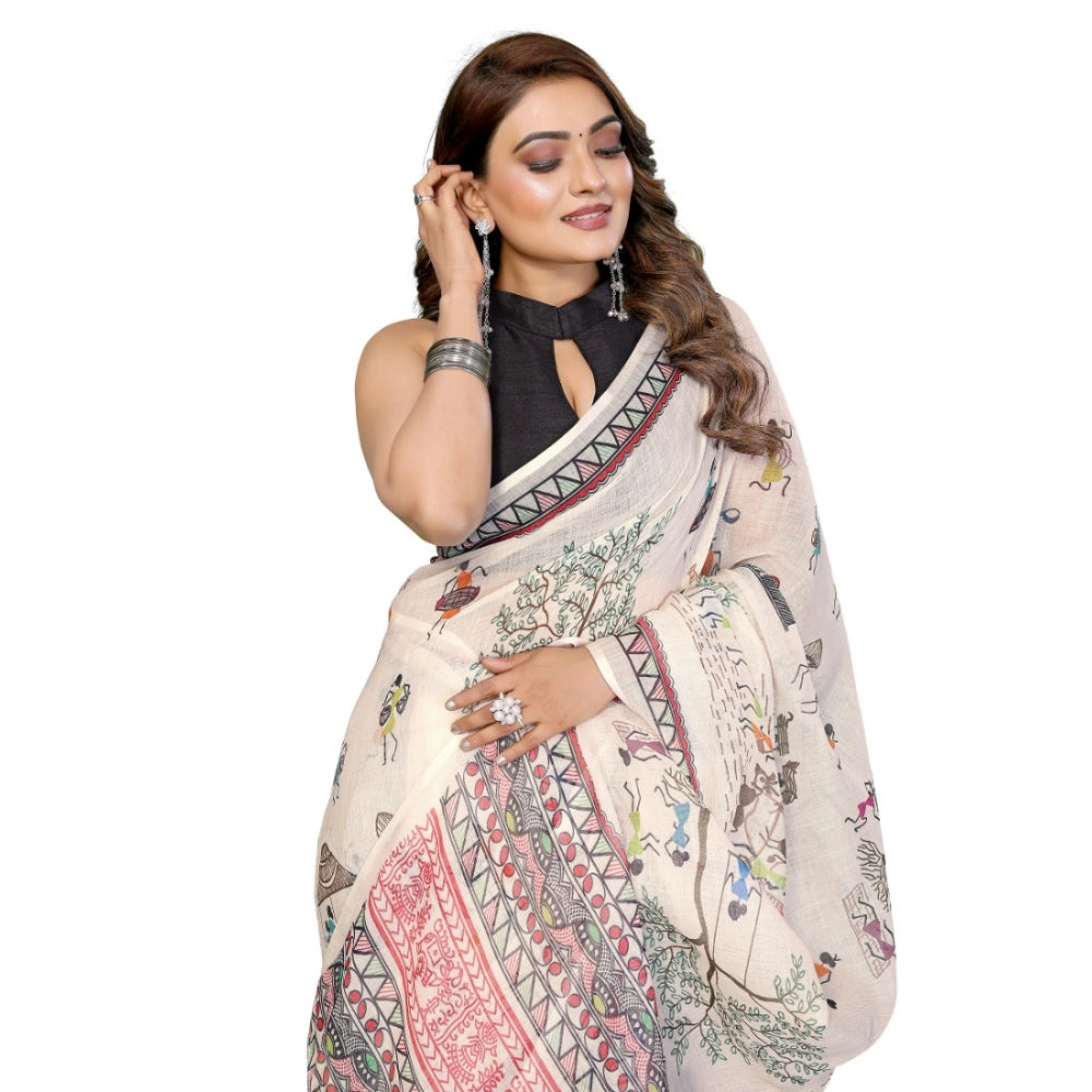 Women's Linen Cotton Printed Saree — Off White · 1928