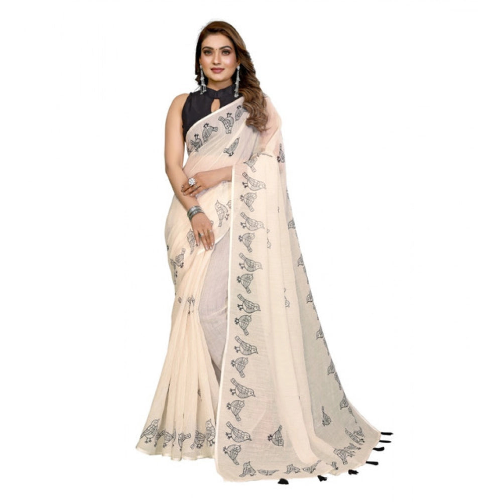 Women's Linen Cotton Printed Saree — Off White · 1929
