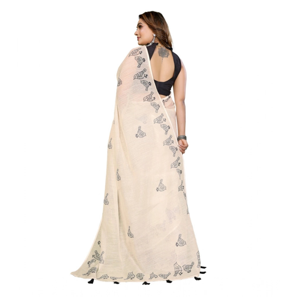 Women's Linen Cotton Printed Saree — Off White · 1929