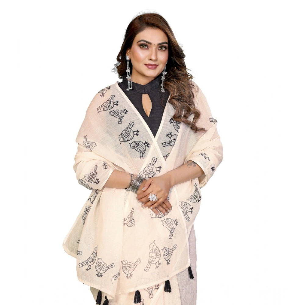 Women's Linen Cotton Printed Saree — Off White · 1929