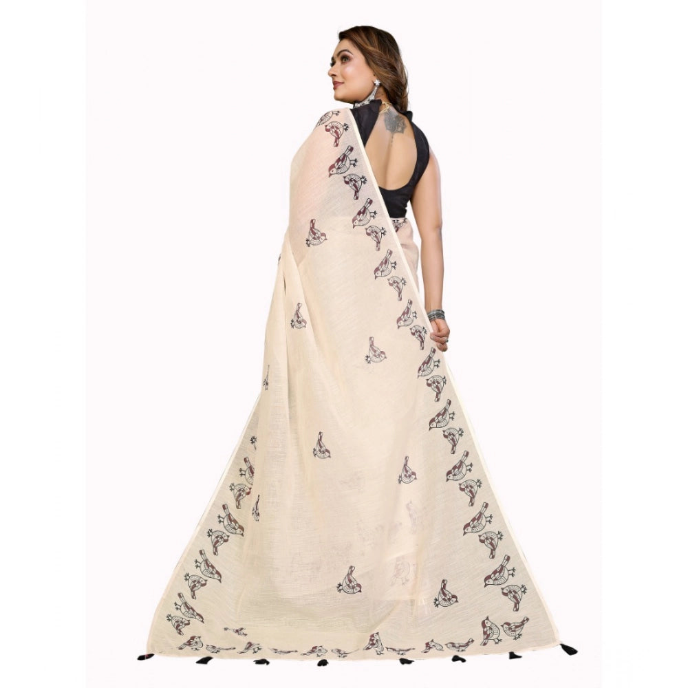 Women's Linen Cotton Printed Saree — Off White · 1930