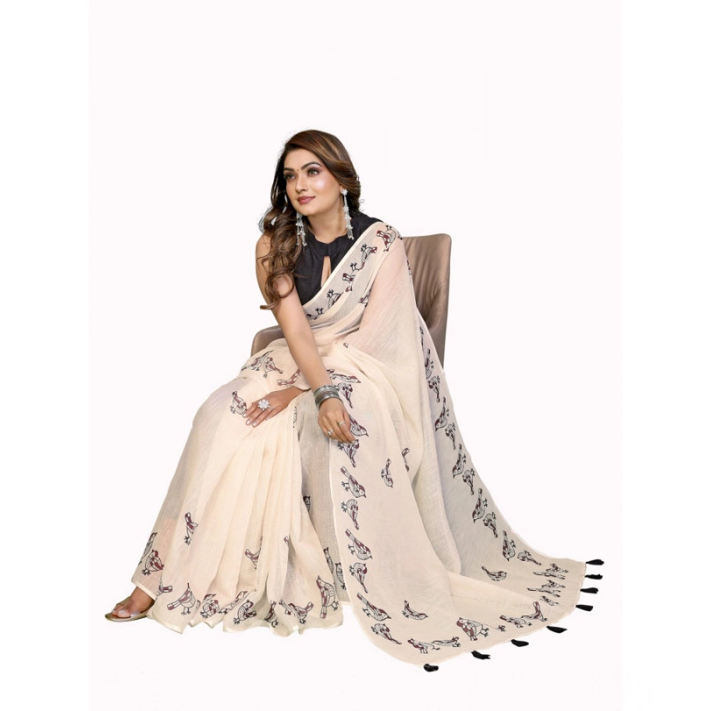 Women's Linen Cotton Printed Saree — Off White · 1930