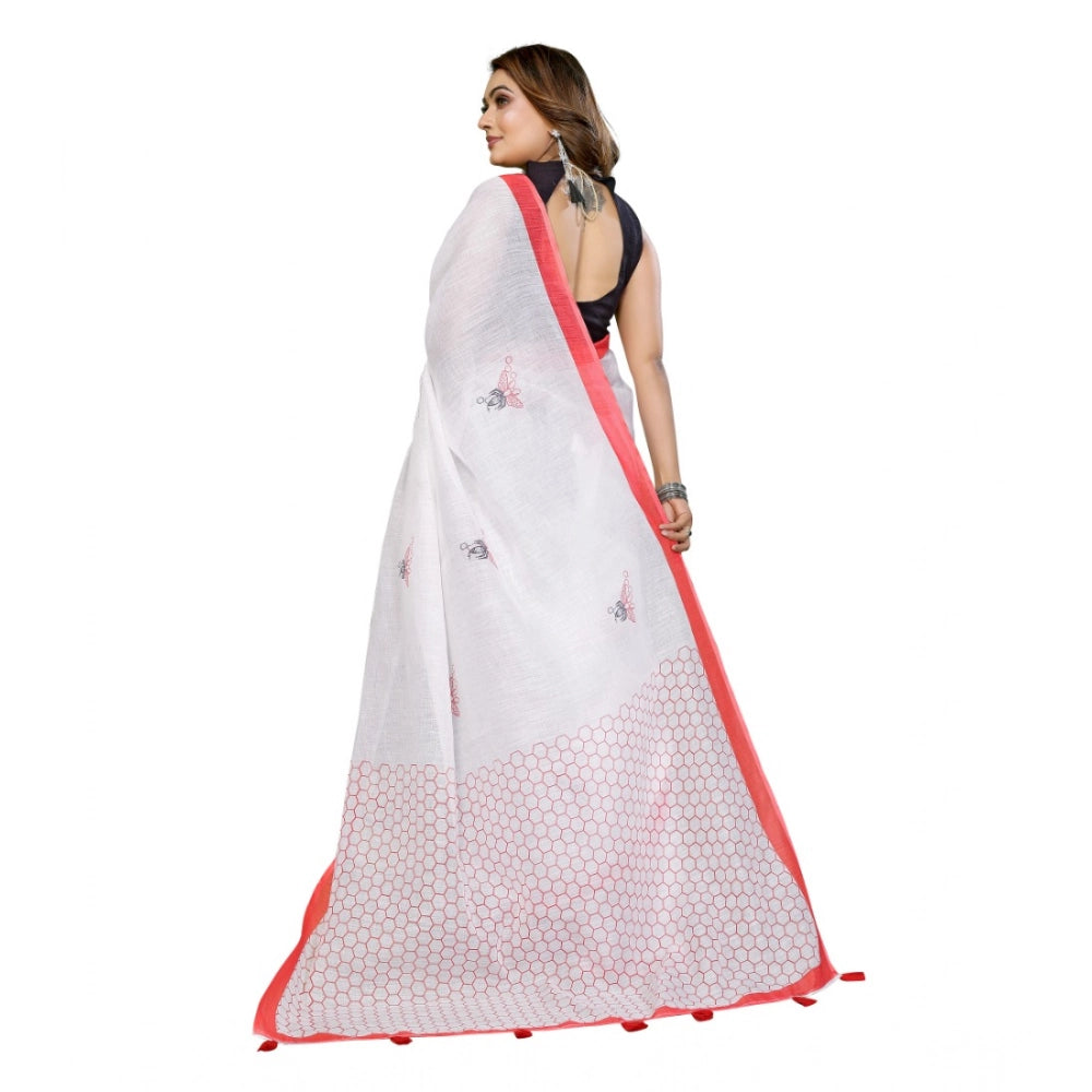 Women's Linen Cotton Printed Saree — White · 1931