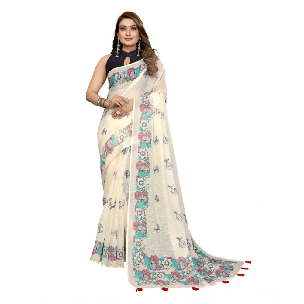 Women's Linen Cotton Printed Saree — Off White · 1932