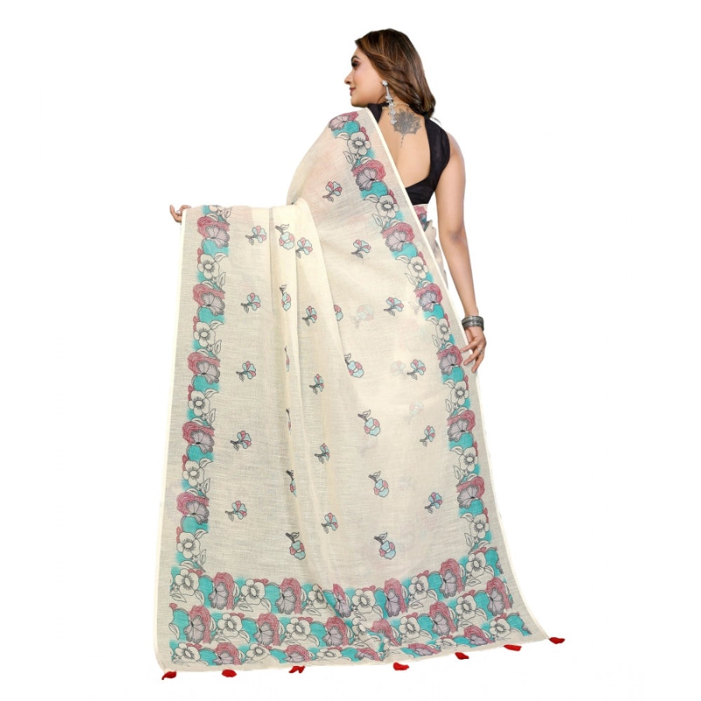 Women's Linen Cotton Printed Saree — Off White · 1932