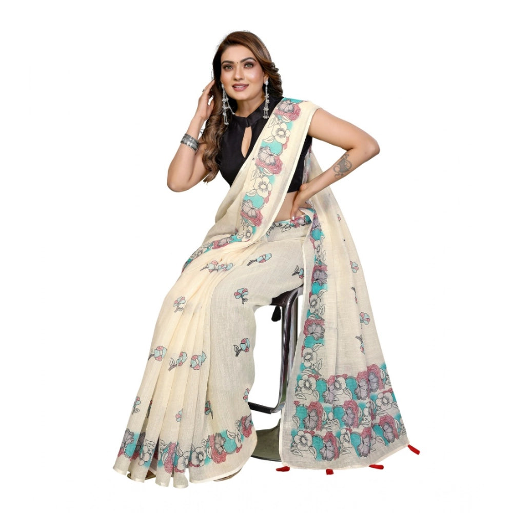 Women's Linen Cotton Printed Saree — Off White · 1932
