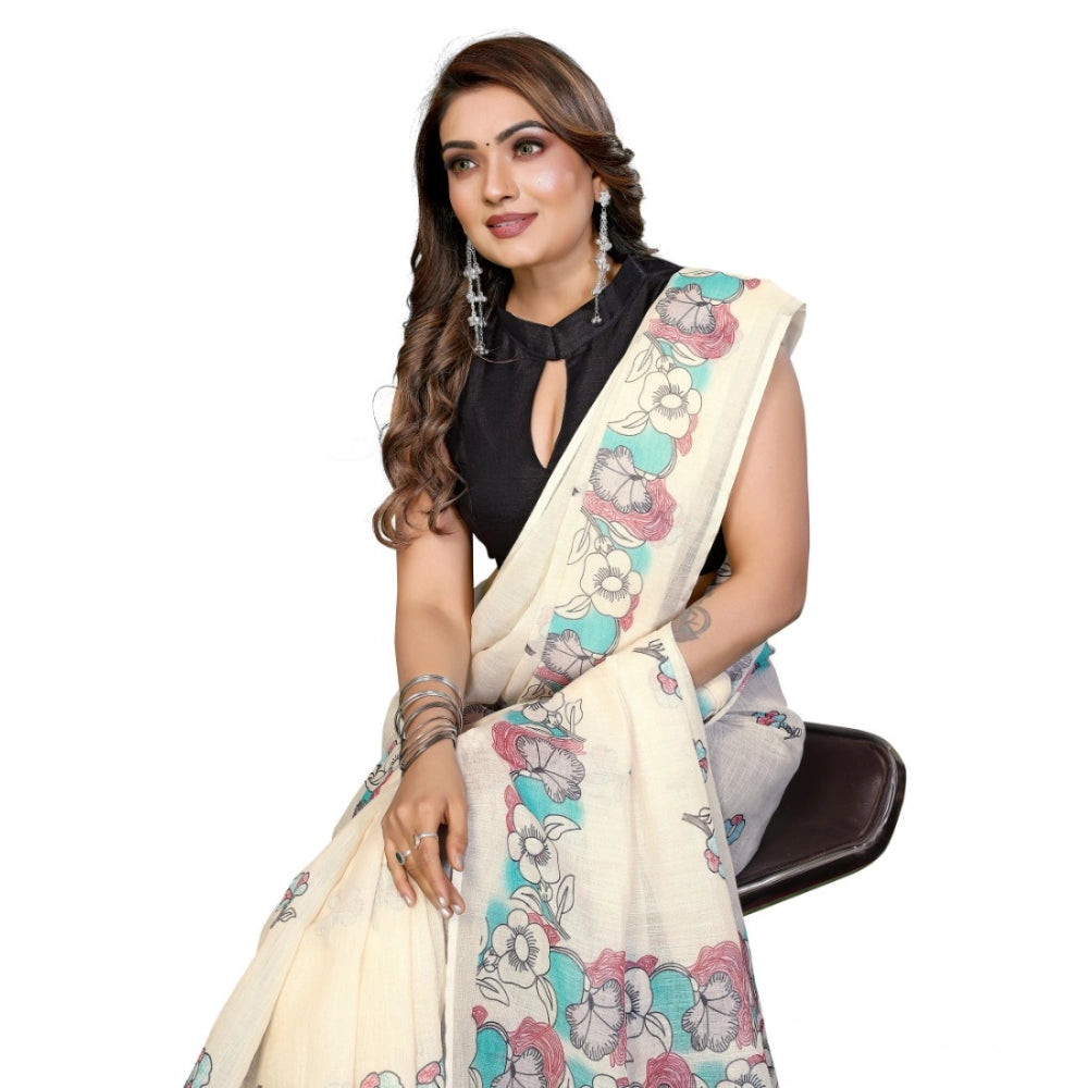 Women's Linen Cotton Printed Saree — Off White · 1932