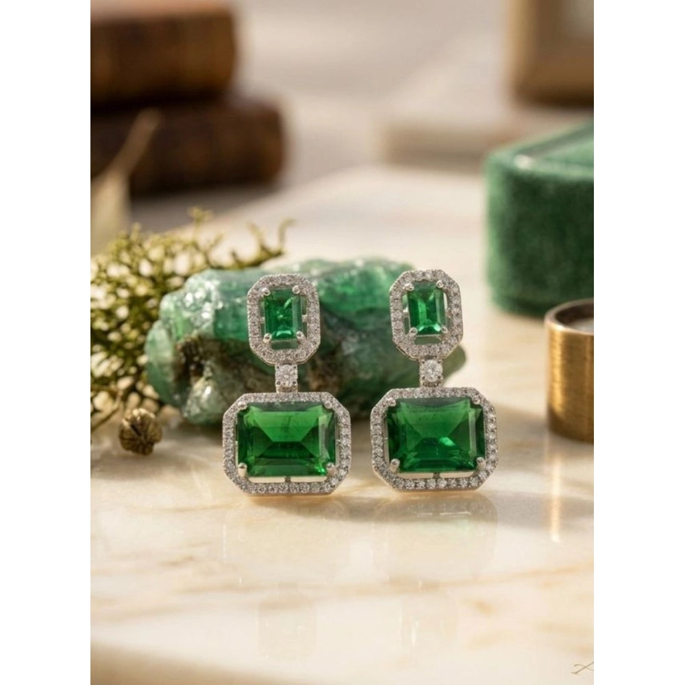Women's Brass Silver Plated Drop Earrings — Green · 1966