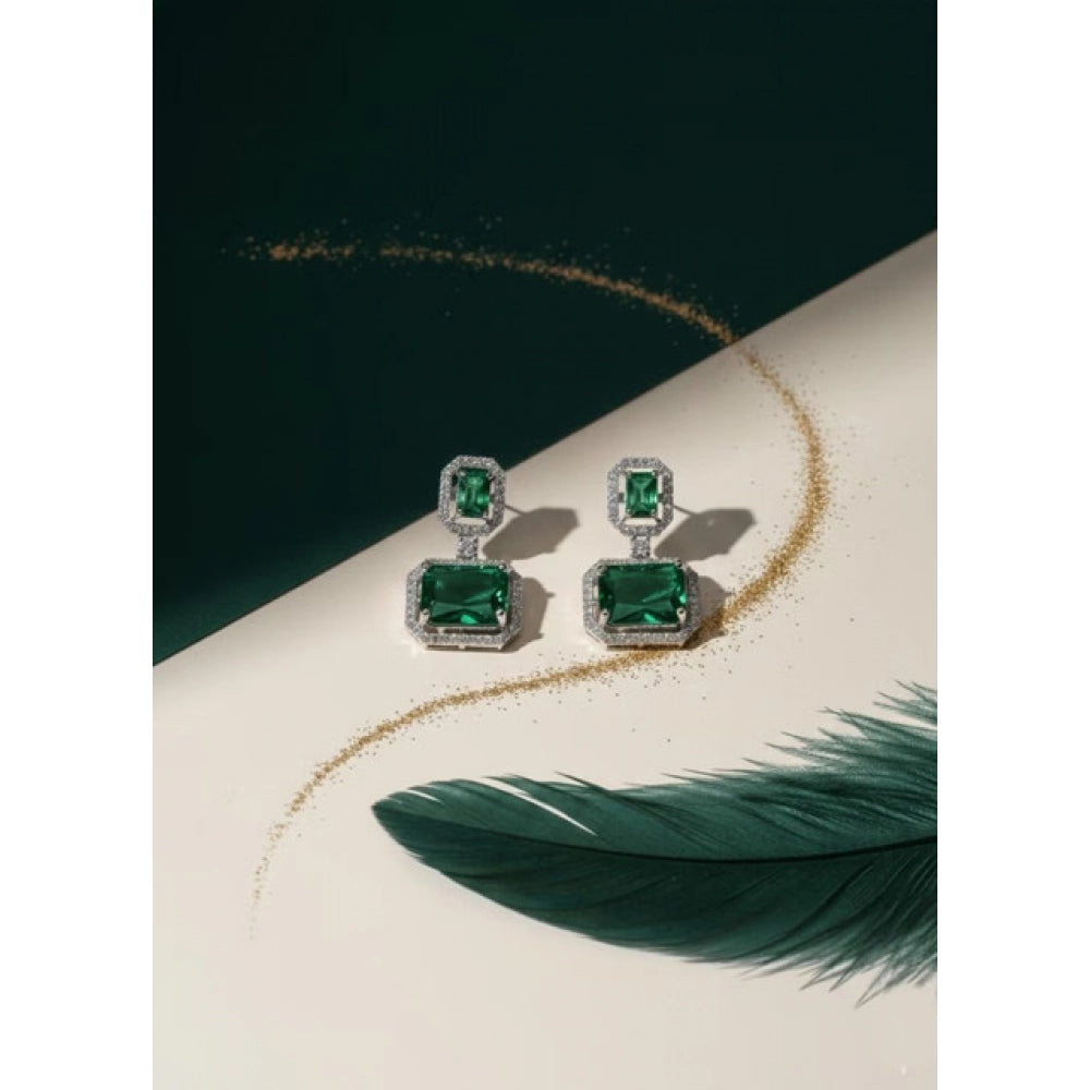 Women's Brass Silver Plated Drop Earrings — Green · 1966