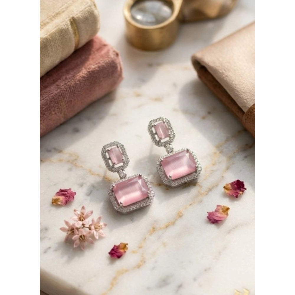 Women's Brass Silver Plated Drop Earrings — Pink · 1967