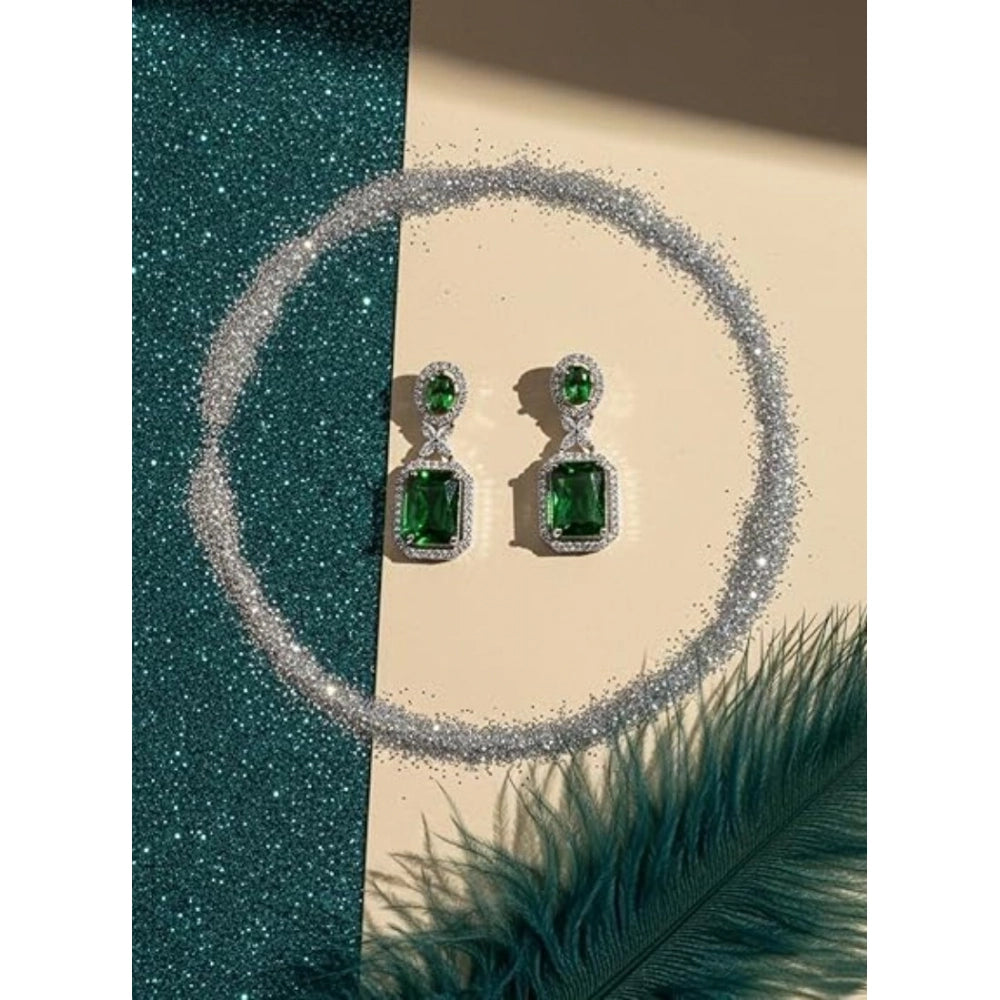 Women's Brass Silver Plated Drop Earrings — Green · 1974