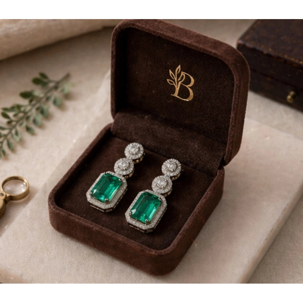 Women's Brass Silver Plated Drop Earrings — Green · 1976