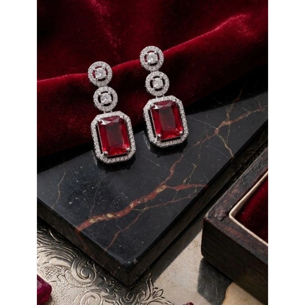 Women's Brass Silver Plated Drop Earrings — Red · 1977