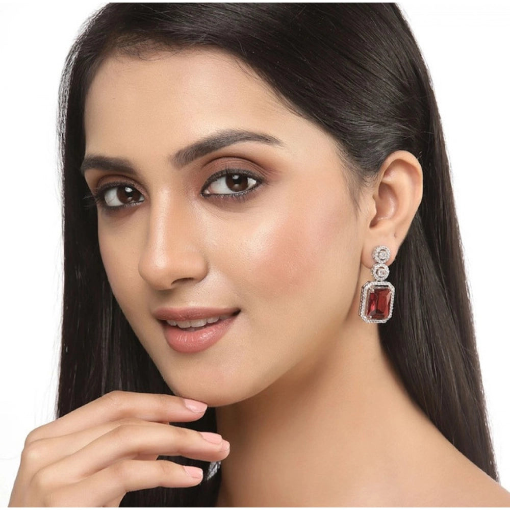 Women's Brass Silver Plated Drop Earrings — Red · 1977