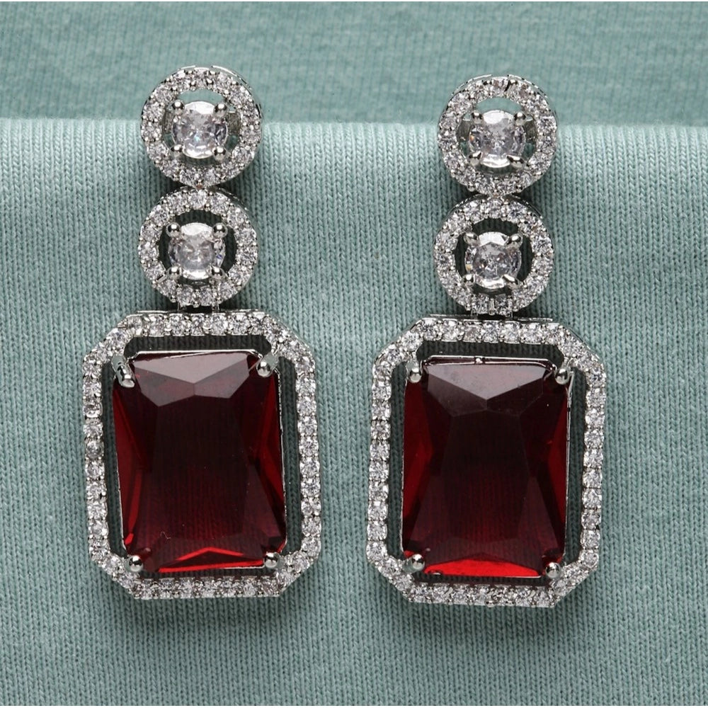 Women's Brass Silver Plated Drop Earrings — Red · 1977