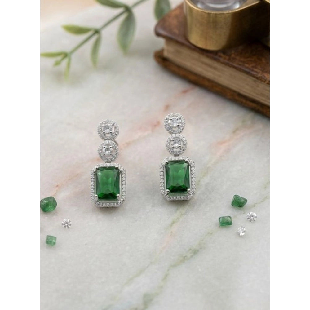Women's Brass Silver Plated Drop Earrings — Green · 1978