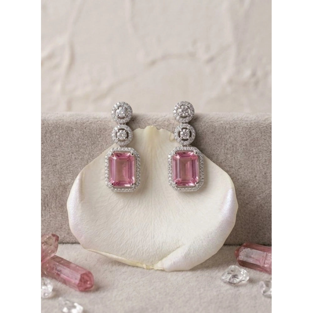 Women's Brass Silver Plated Drop Earrings — Pink · 1982