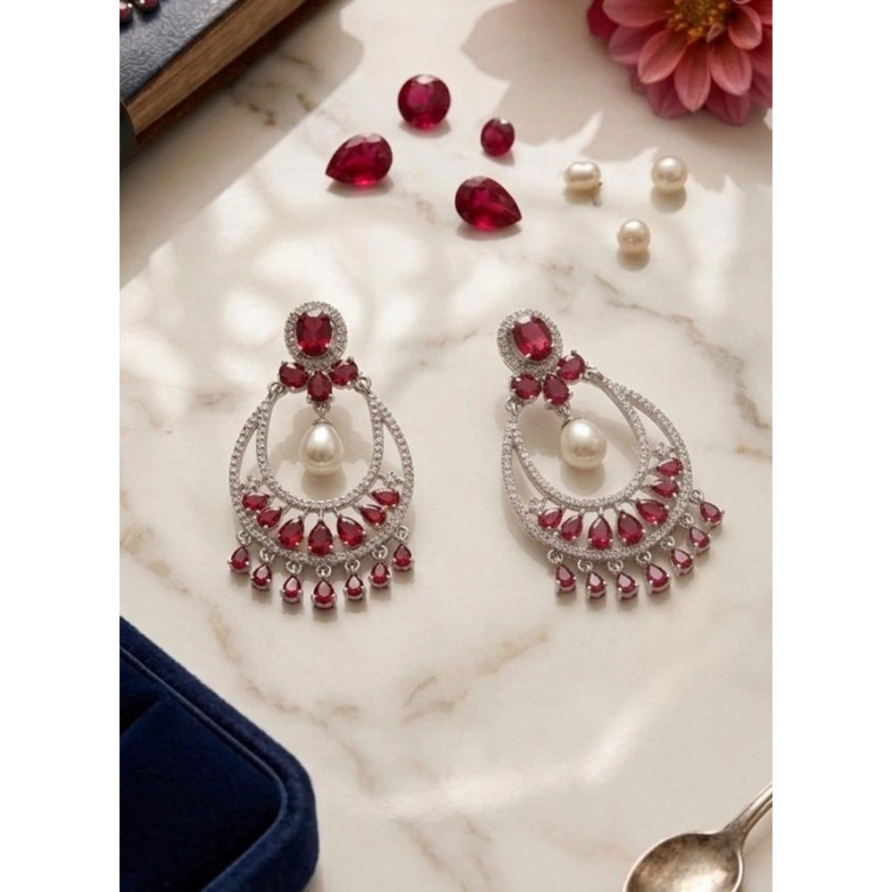 Women's Brass Silver Plated Chandbali Earrings — Red