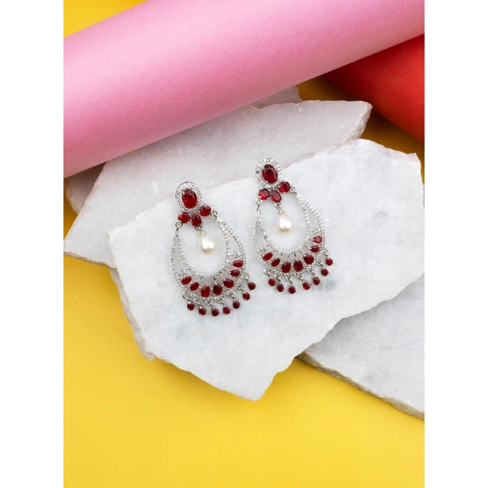 Women's Brass Silver Plated Chandbali Earrings — Red