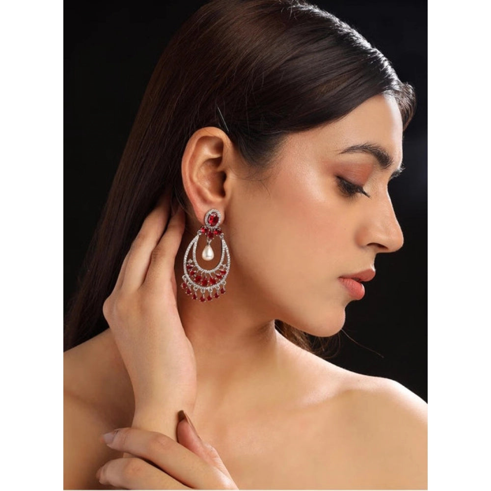 Women's Brass Silver Plated Chandbali Earrings — Red