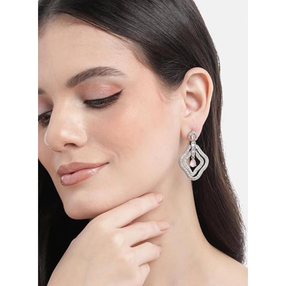 Women's Brass Silver Plated Drop Earrings — Pink · 1991