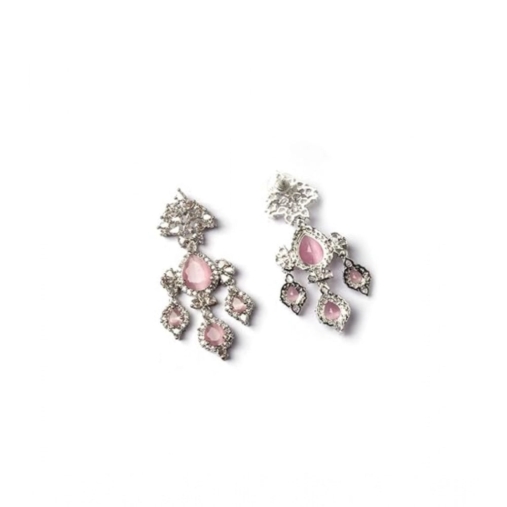 Women's Brass Silver Plated Drop Earrings — Pink · 1999