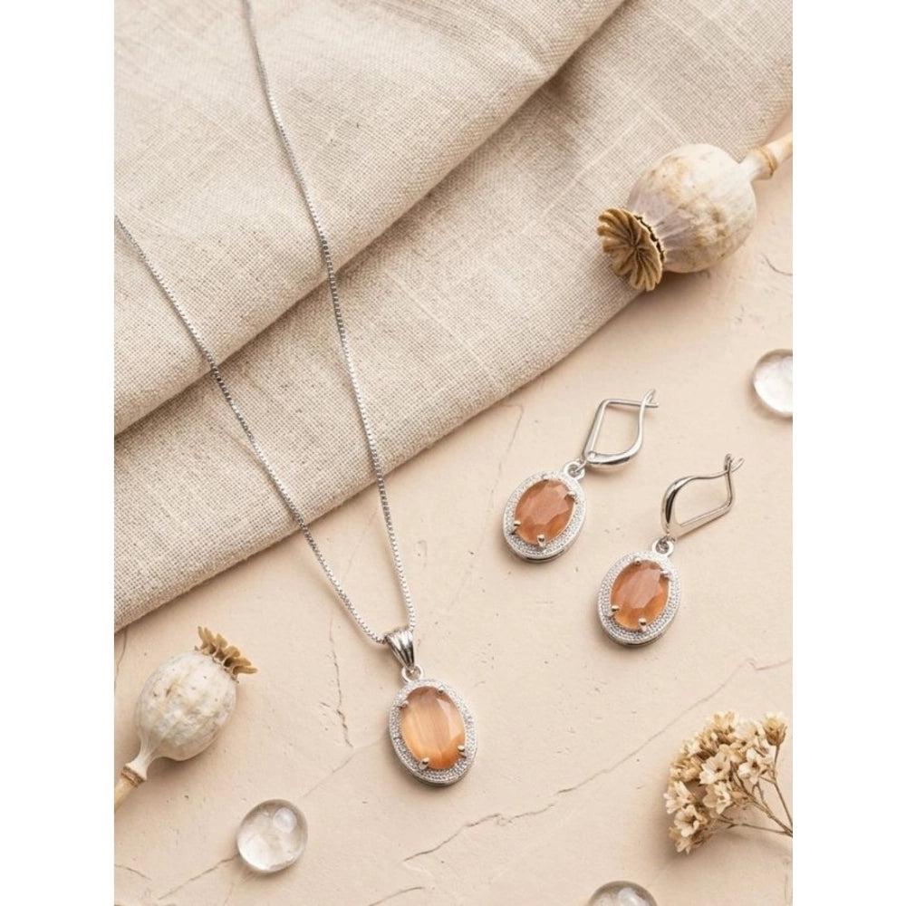 Women's Brass Silver Plated Pendant Set — Orange