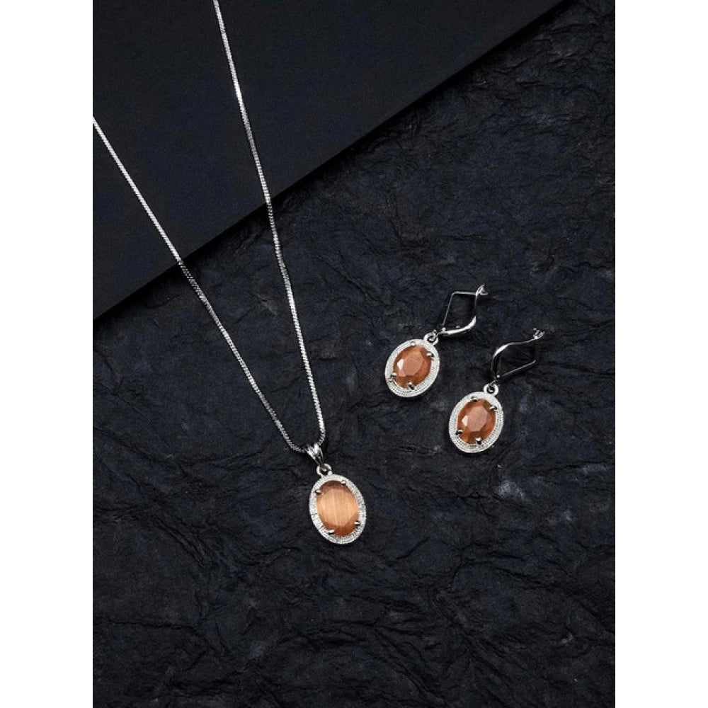 Women's Brass Silver Plated Pendant Set — Orange
