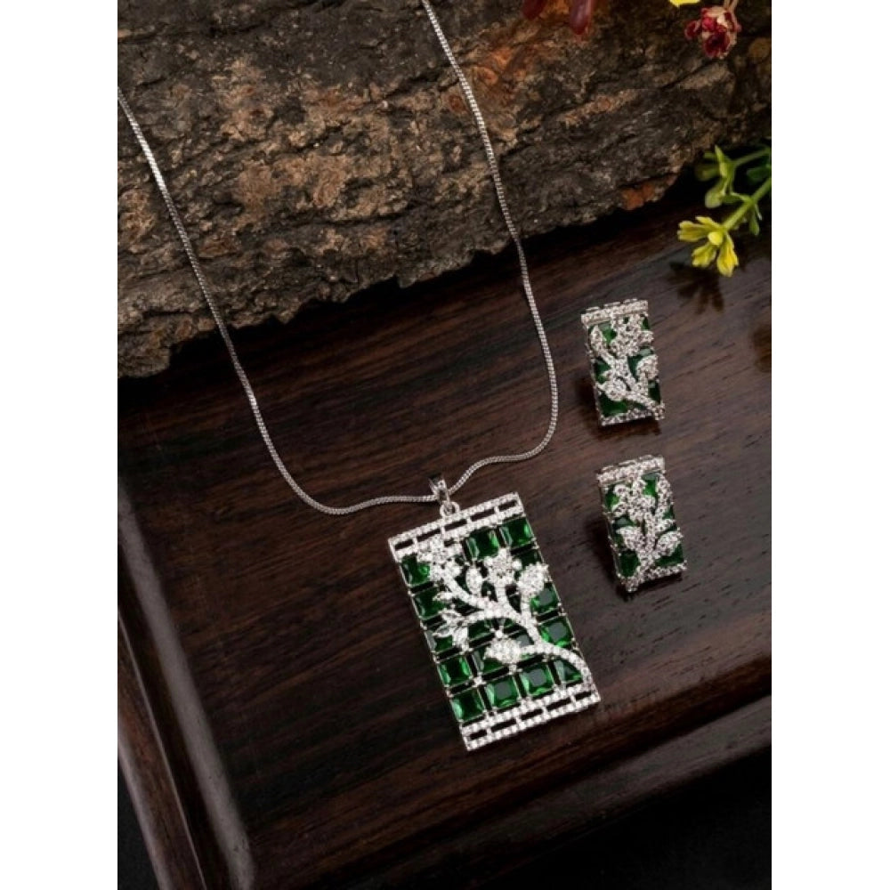 Women's Brass Silver Plated Pendant Set — Green · 2023