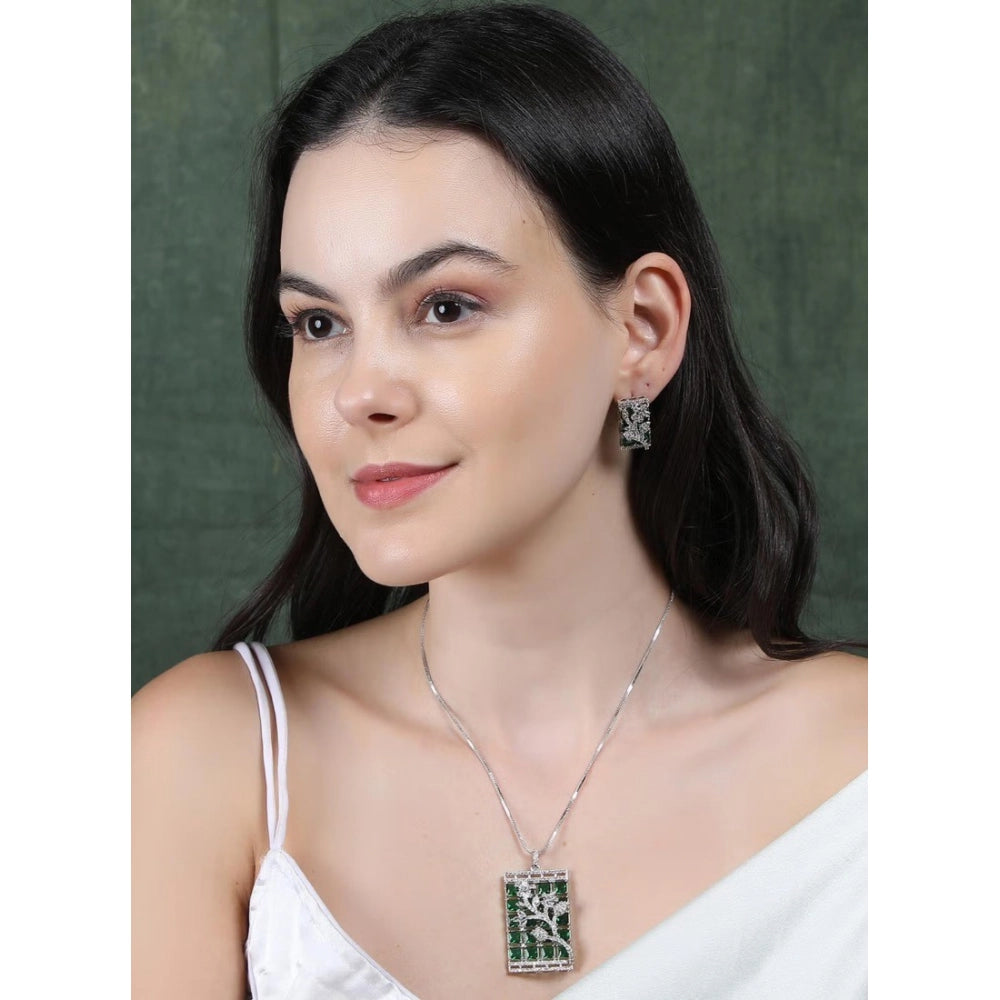 Women's Brass Silver Plated Pendant Set — Green · 2023