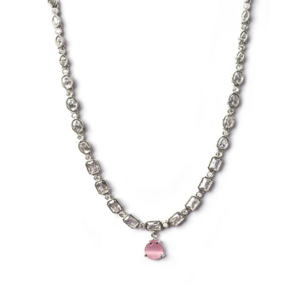 Women's Brass Silver Plated Necklace Set — Pink · 2029