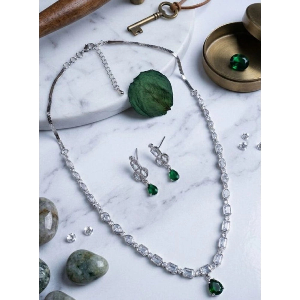 Women's Brass Silver Plated Necklace Set — Green · 2031