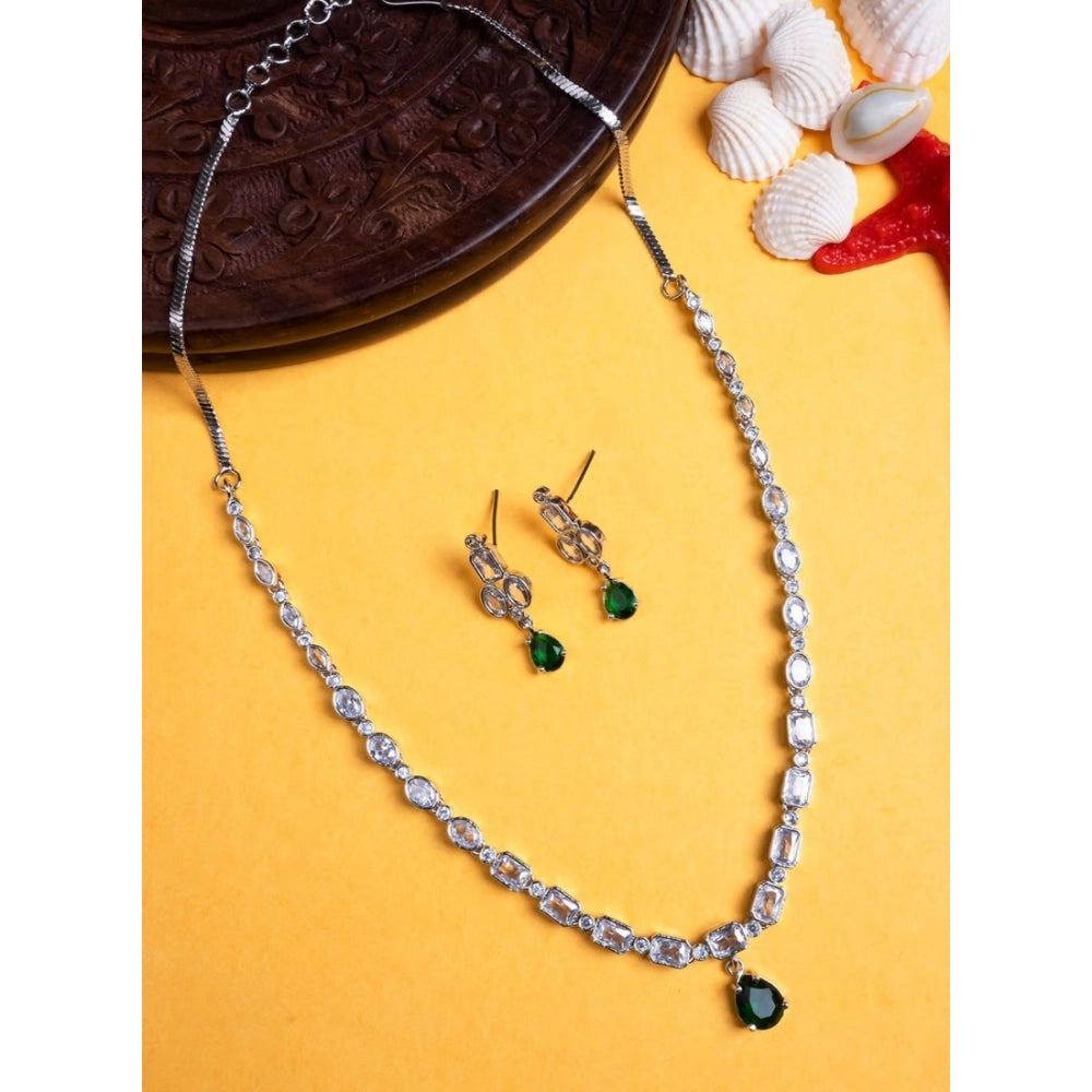 Women's Brass Silver Plated Necklace Set — Green · 2031