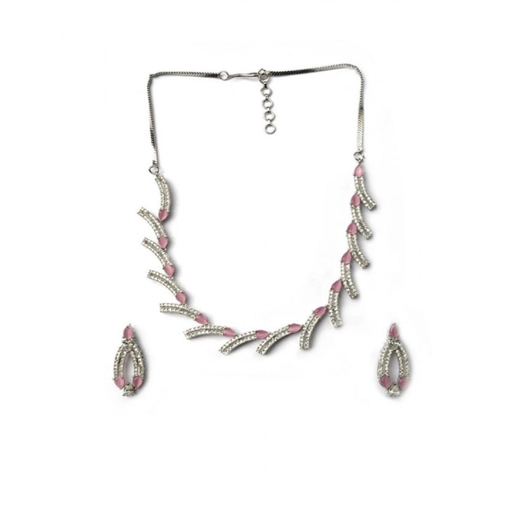 Women's Brass Silver Plated Necklace Set — Pink · 2033
