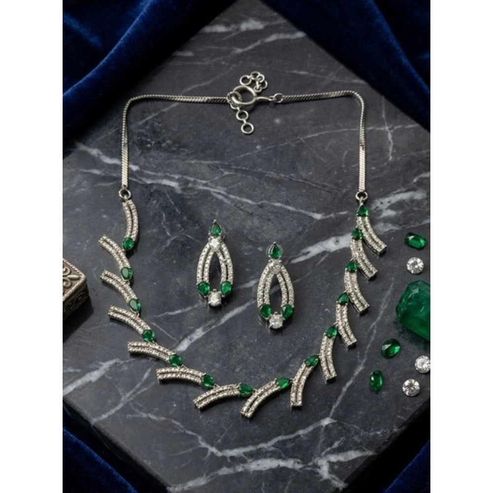 Women's Brass Silver Plated Necklace Set — Green · 2035