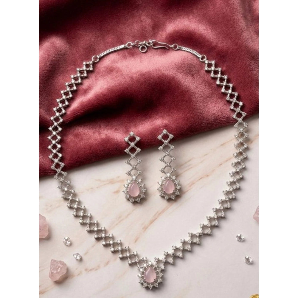 Women's Brass Silver Plated Necklace Set — Pink · 2037