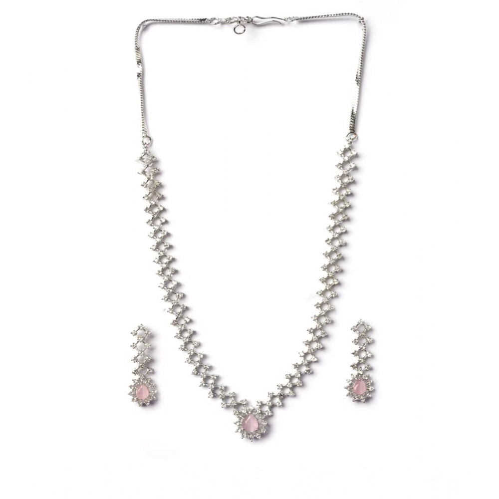 Women's Brass Silver Plated Necklace Set — Pink · 2037
