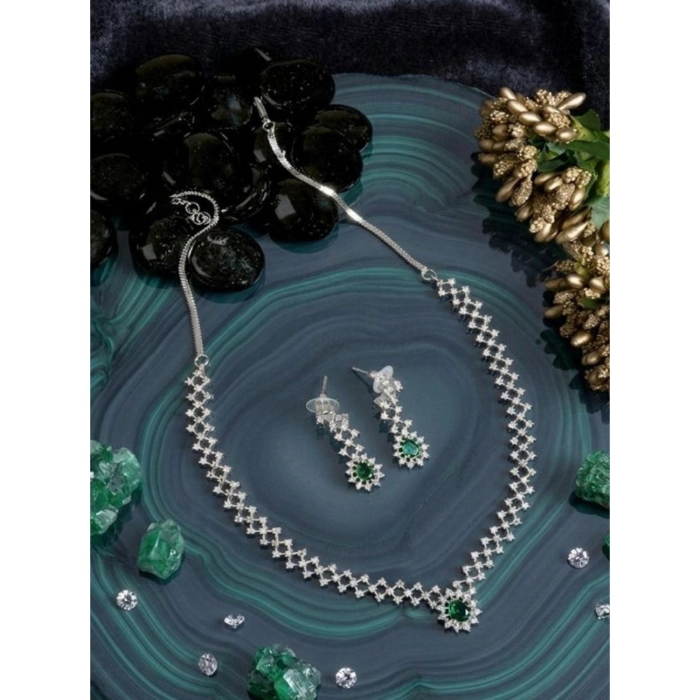 Women's Brass Silver Plated Necklace Set — Green · 2039