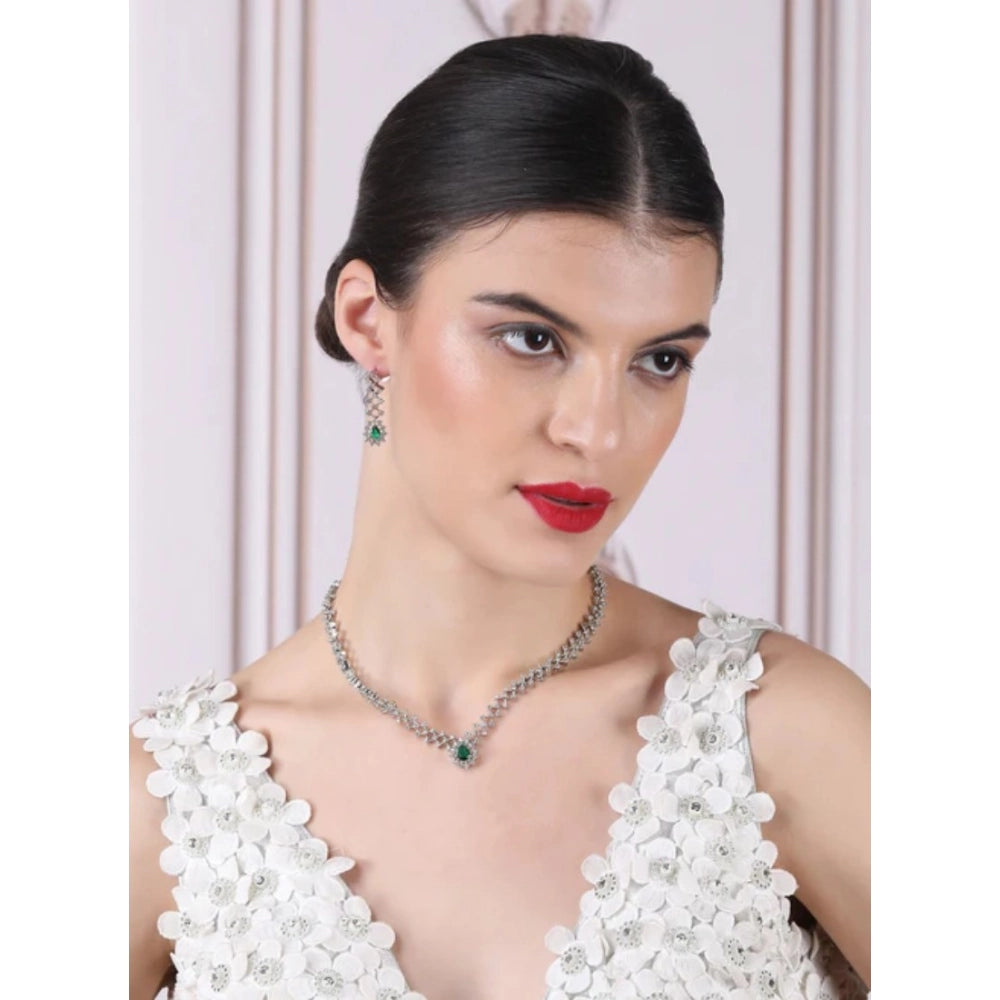 Women's Brass Silver Plated Necklace Set — Green · 2039