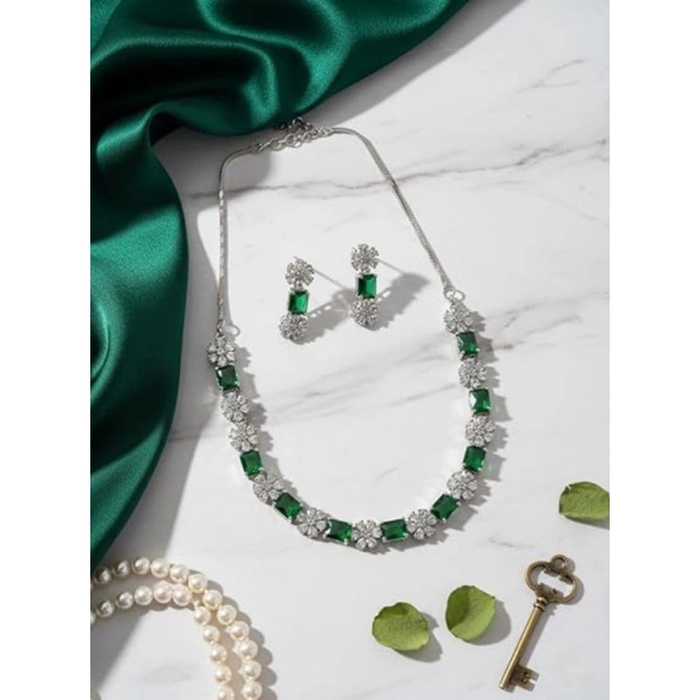 Women's Brass Silver Plated Necklace Set — Green · 2041