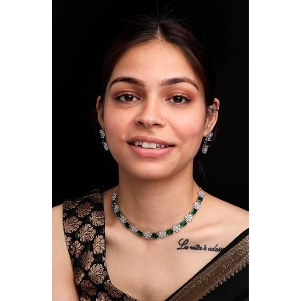 Women's Brass Silver Plated Necklace Set — Green · 2041