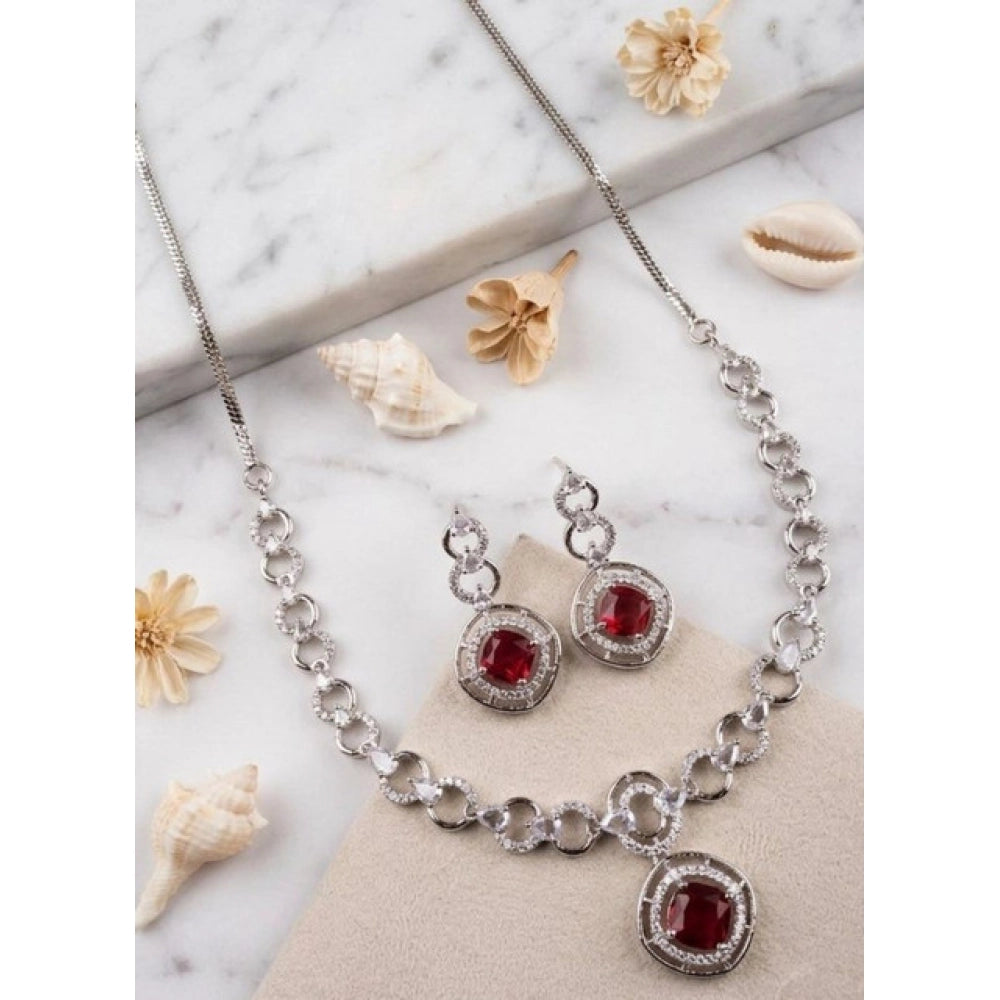 Women's Brass Silver Plated Necklace Set — Red · 2043