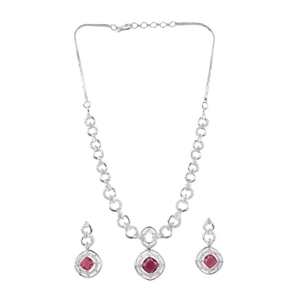 Women's Brass Silver Plated Necklace Set — Red · 2043